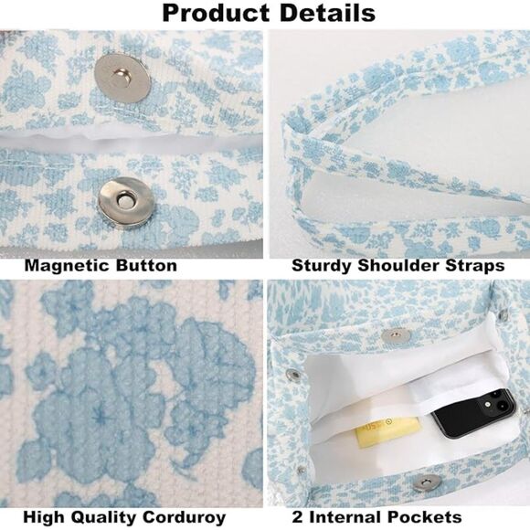 Women Blue Flower Imported Corduroy Small Canvas Shoulder Handy Tote Bag - Picture 4 of 4